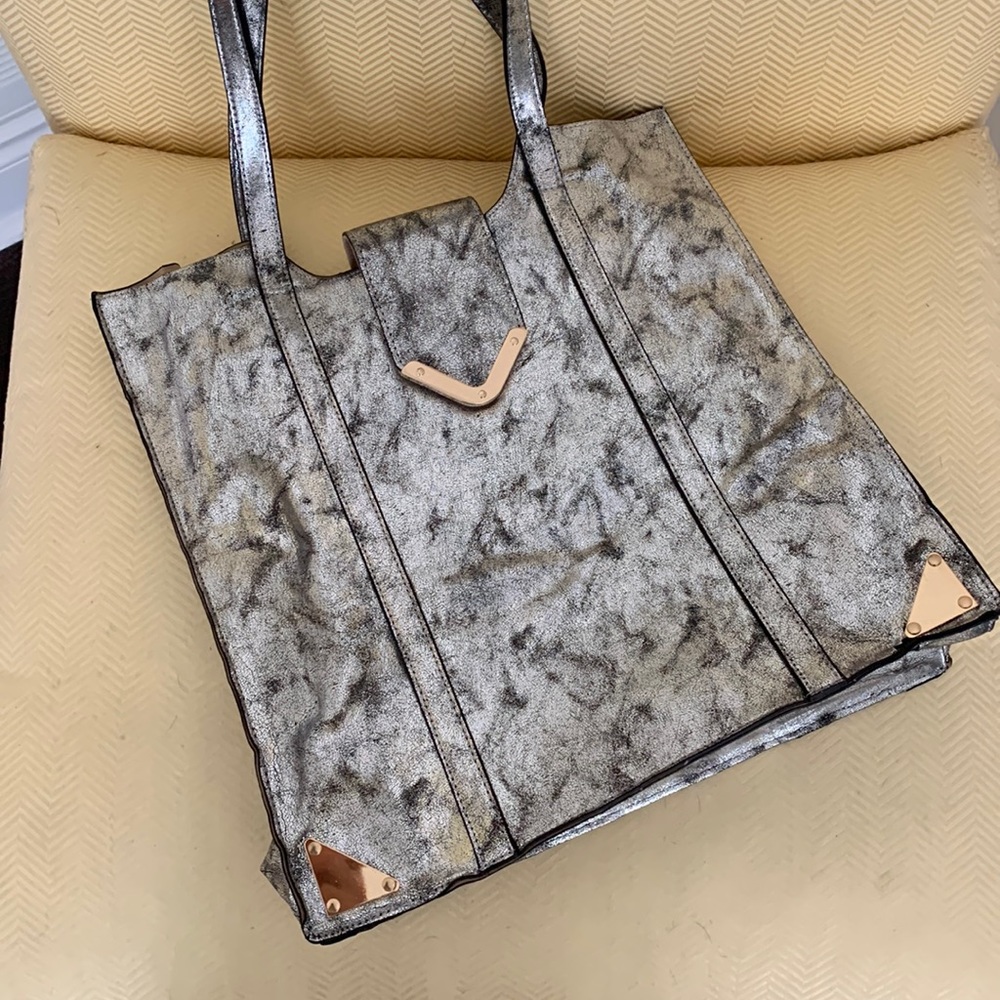 EUC Neiman Marcus faux leather distressed metallic silver finish tote bag